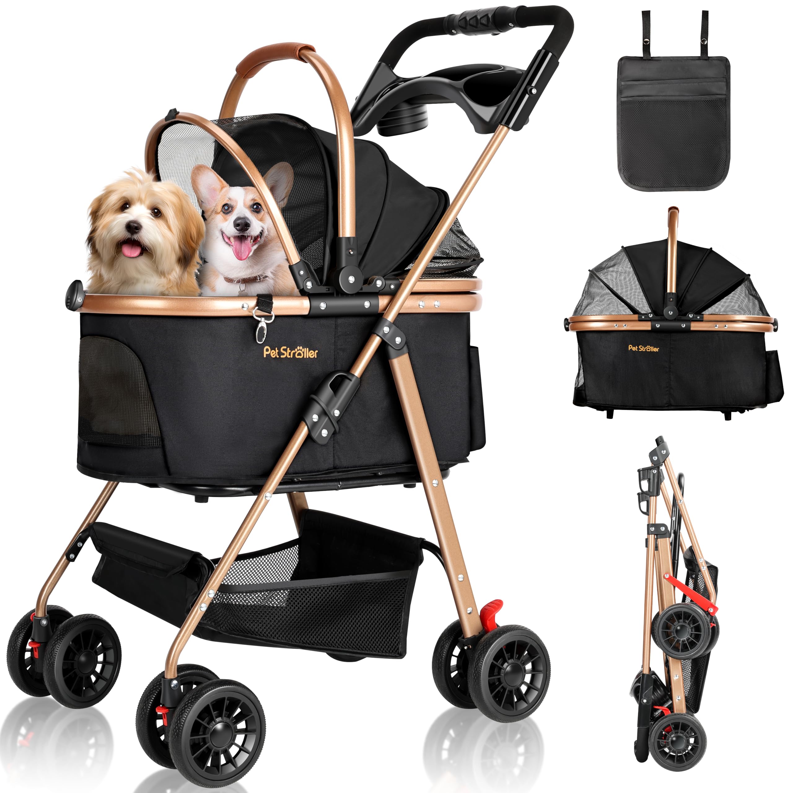 【ペットカート】 猫用 犬用 分離型 ワンタッチ折畳 前輪360&deg;回転可能 耐摩耗PUホイール 後輪ストッパー付 軽量 持ち運び便利 | 分離型ペットキャリーカート 通気 二つメッシュ窓 4輪 犬カート 多頭の小型犬 猫 中型犬 ドリンクホルダー、収納ポーチ、レインカバー付 散歩｜カシキド店