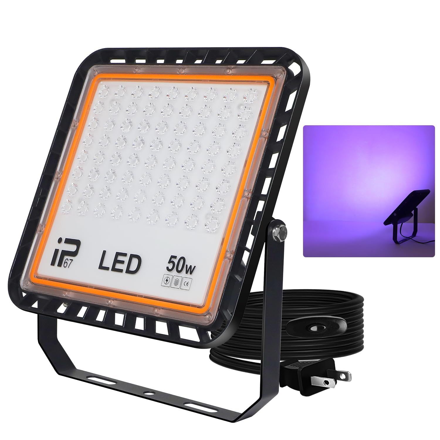ブラックライト 50W LED投光器 IP67強力防水 紫外線 UVライト 395-405nm 屋外用 長寿命 高輝度 節電 軽量 舞台照明 3Dモデル乾燥用 レジン硬化 PSE認証 （50Ｗ-1）