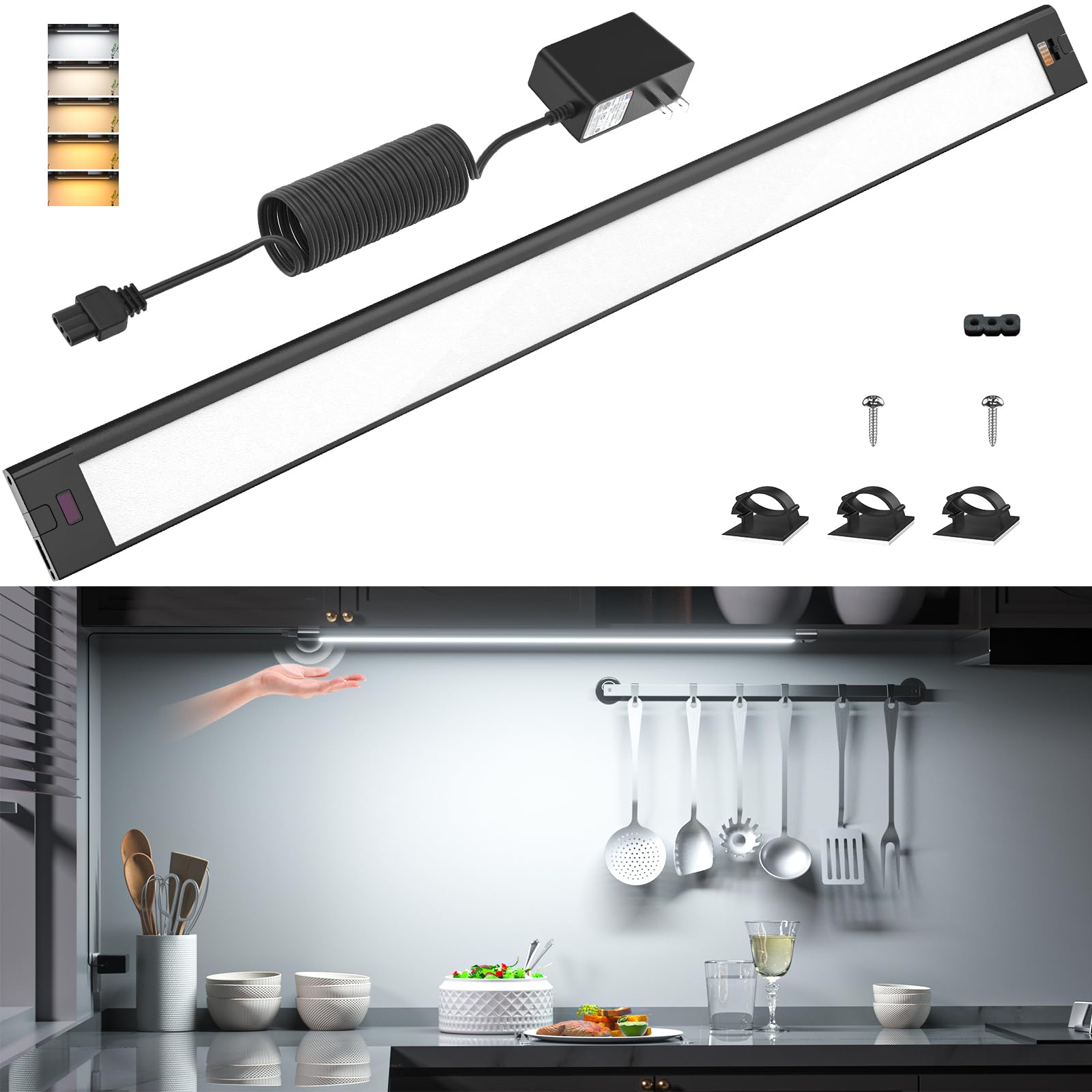 LEDキッチンライト 60cm バーライト 流し元灯 調光調色 タッチレスセンサー 1200lm 工事不要 棚下? キャビネット照明 led 間接照明 キッチン 洗面所 台所 省エネ 手元灯 PSE認証済 ブラック