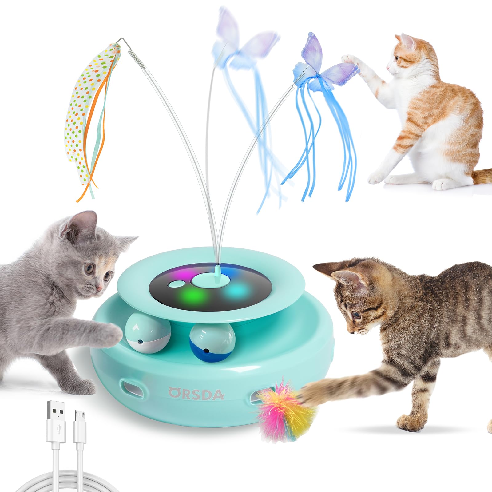 猫おもちゃ 電動 猫じゃらし 自動 猫ボール 3in1一体式 6本取り替え天然羽根付 2000mAh Type-C 充電式電源 手作りの蝶々一人遊び猫おもちゃ自動 寂しさ解消/運動不足対策 狩猟天性満足 猫大興奮 (グリーン) 6,585円