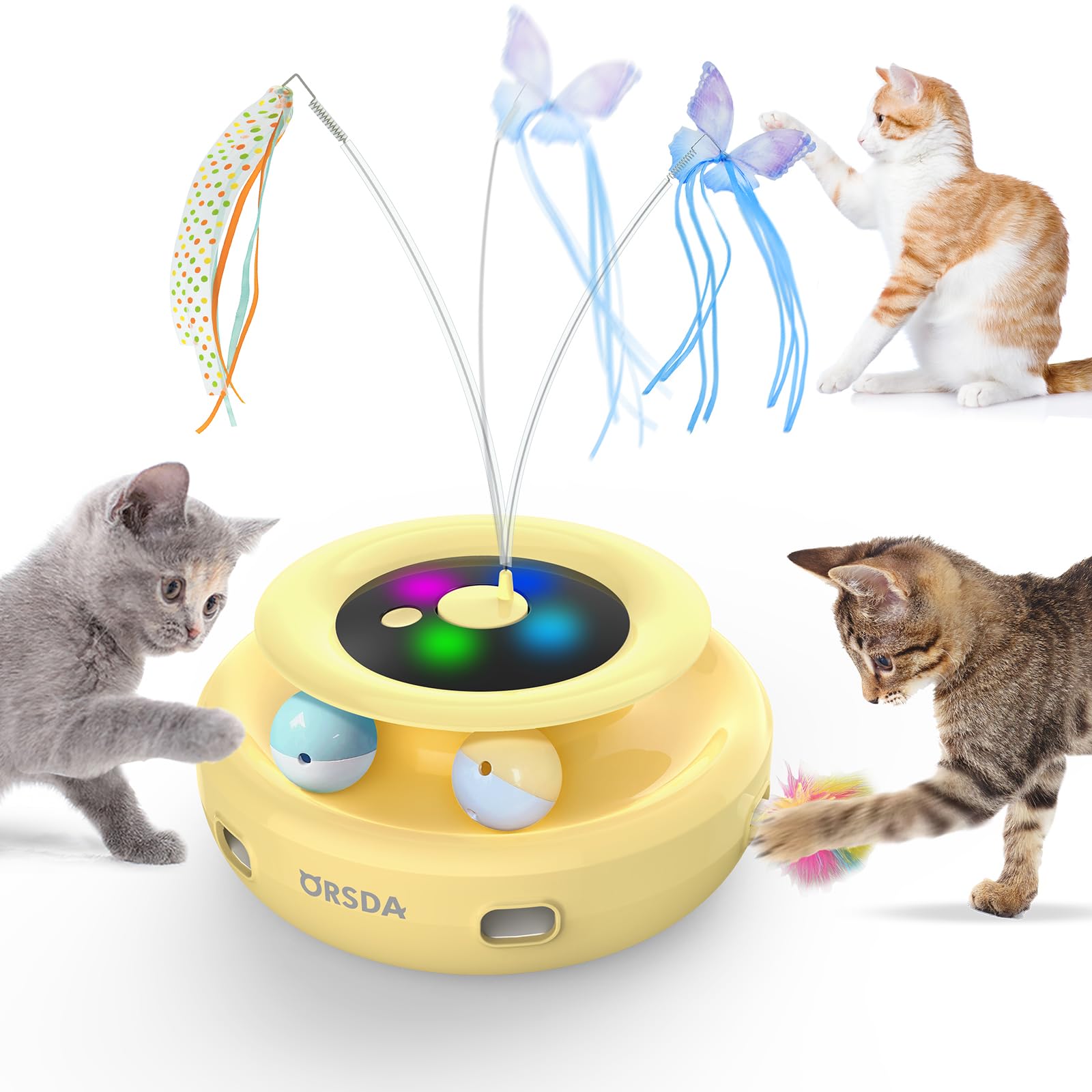 猫おもちゃ 電動 猫じゃらし 自動 猫ボール 3in1一体式 6本取り替え天然羽根付 2000mAh Type-C 充電式電源 手作りの蝶々一人遊び猫おもちゃ自動 寂しさ解消/運動不足対策 狩猟天性満足 猫大興奮 (イエロー)