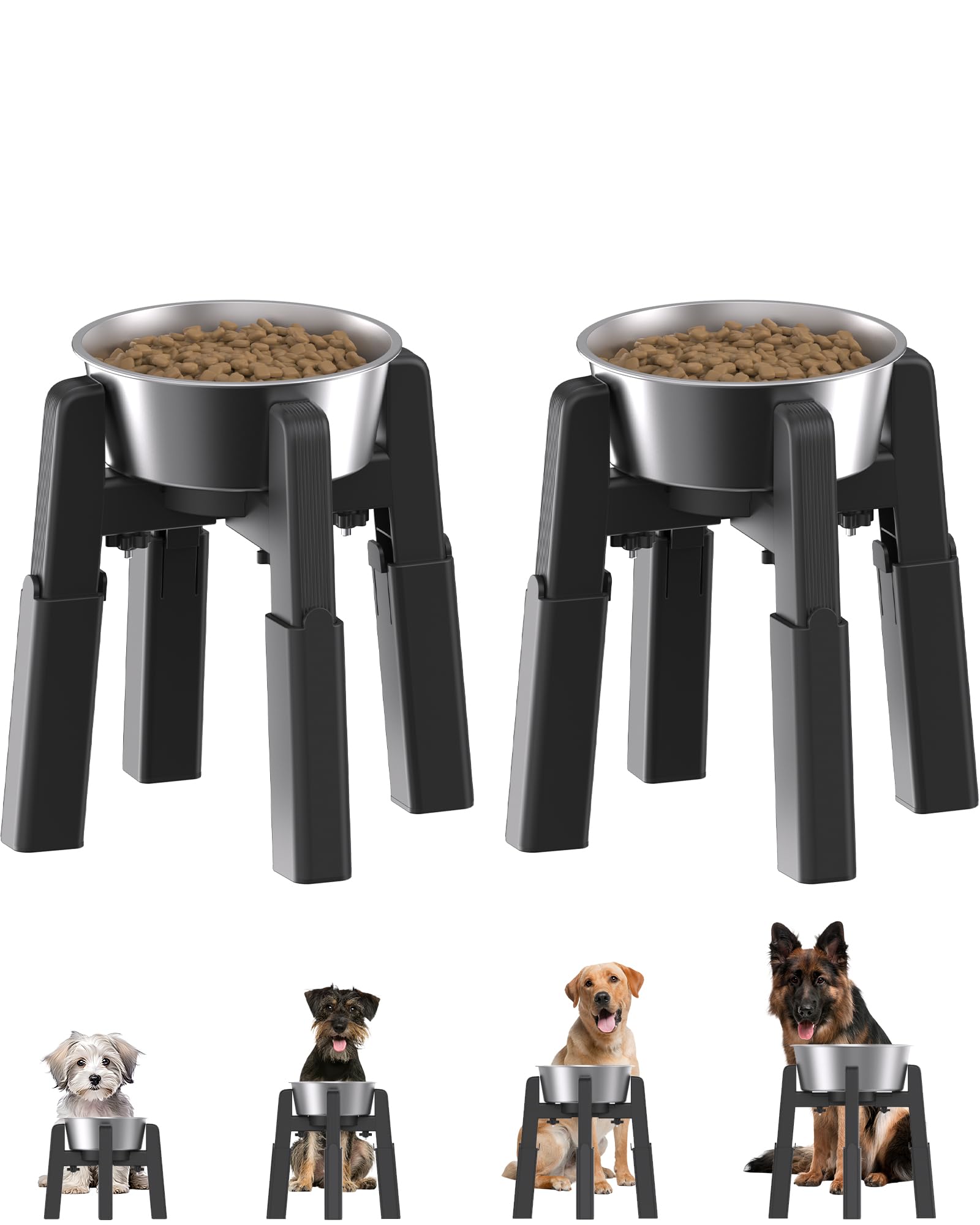 2個パック昇降式ペットボウルスタンド 【ステンレスボウル付き】 犬 水飲み フードボウル 餌入れ食器台 ご飯台 大容量適用 高さ?幅広さ調節可能 ABS材料 安定 滑り止め