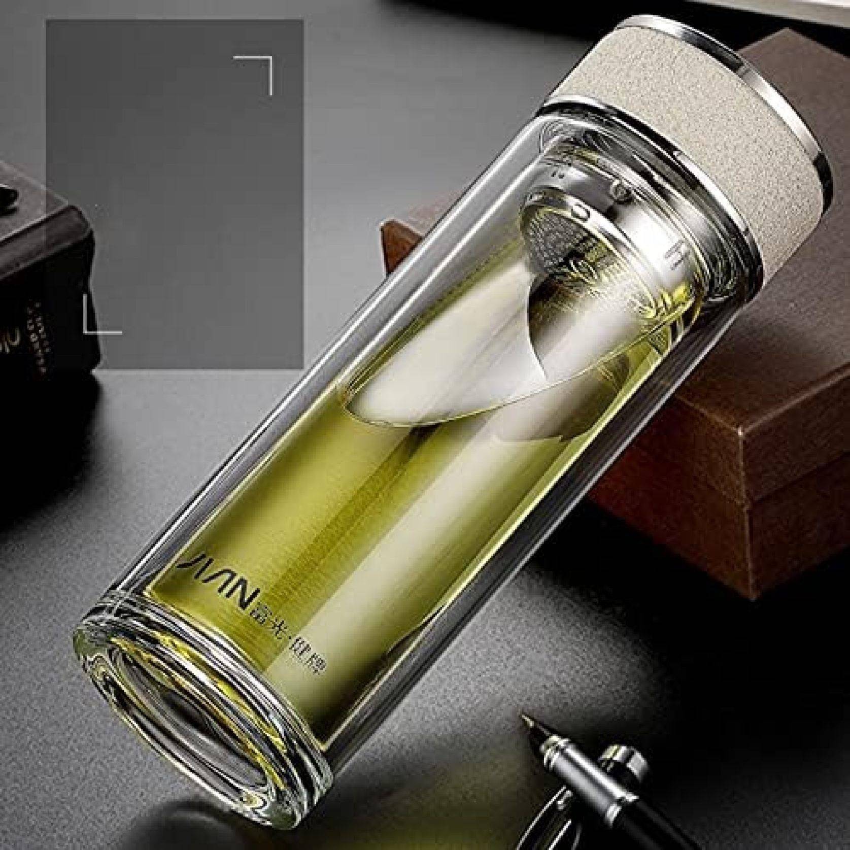 ダブルウォール ガラス水筒 300ml 360ml クリアボトル 茶漉し付き 耐熱100℃ 蓋付き タンブラー ティーボトル 会社|katahidestore