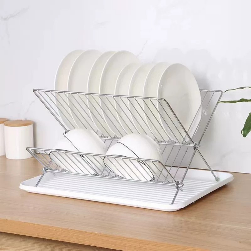2層折りたたみ式ディッシュ仕合わせ シリコンノンスリップドレンボード形食器かわき切る納める仕合わせ、ステンレス鋼スチール写真、 ラックカードスロットデザイン 勝手もと納めるおよびかわき切る用 折りたたみ式 水切りかご 皿立て 水切り仕合わせ 平ったい ディッシュ 仕合わせ