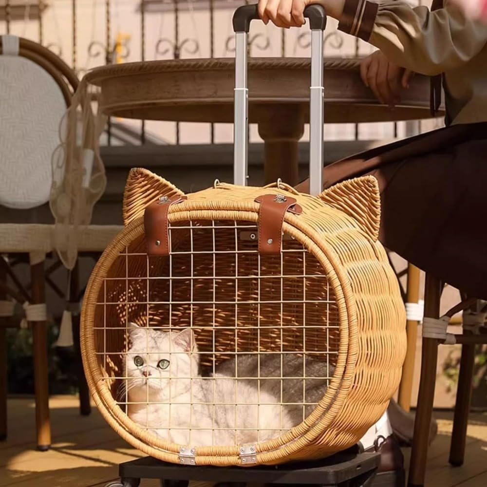 籐製ペットキャリー リュック ペットキャリー キャスター付き 猫 猫用 キャリー カート 犬 小型犬 ペットキャリーケース 折り畳み 取り外し可能な車輪 ドライブ 旅行 通院 防災 避難用 キャリー (正方形です)｜katahidestore