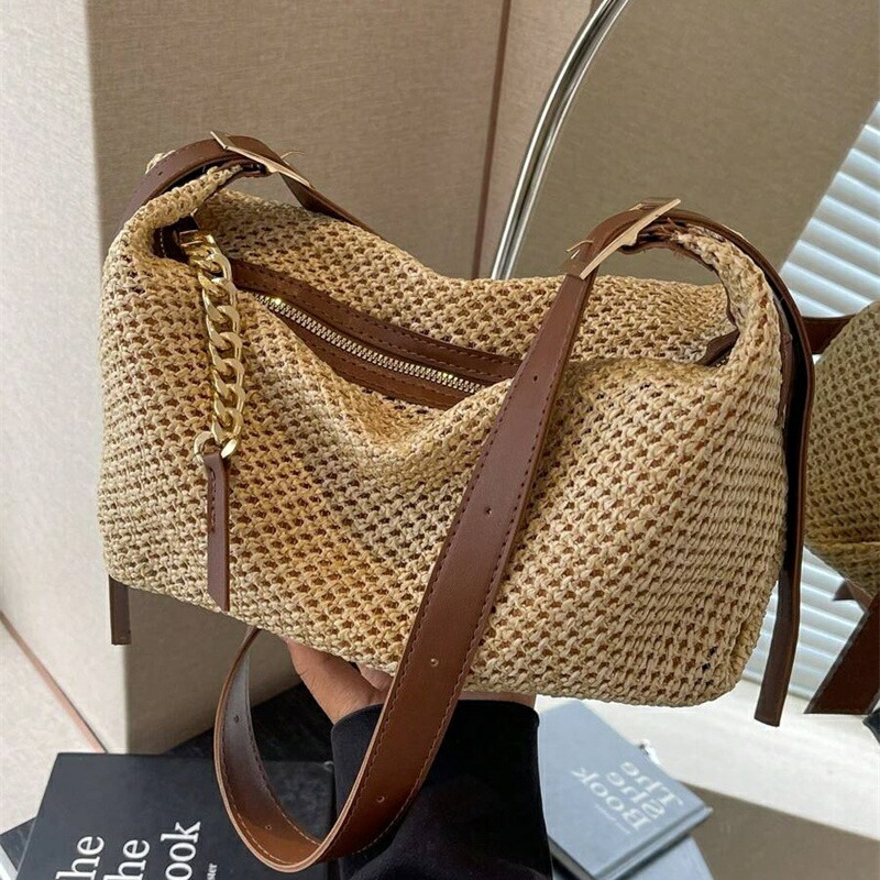 夏らしい 編み込み かんかん帽 御徒面子 分かりやすい ヴィンテージチェーン ジップショルダーバッグ、ベージュ、ひと休み不可欠品、旅する、ひと休み、公休日、砂浜にも至適