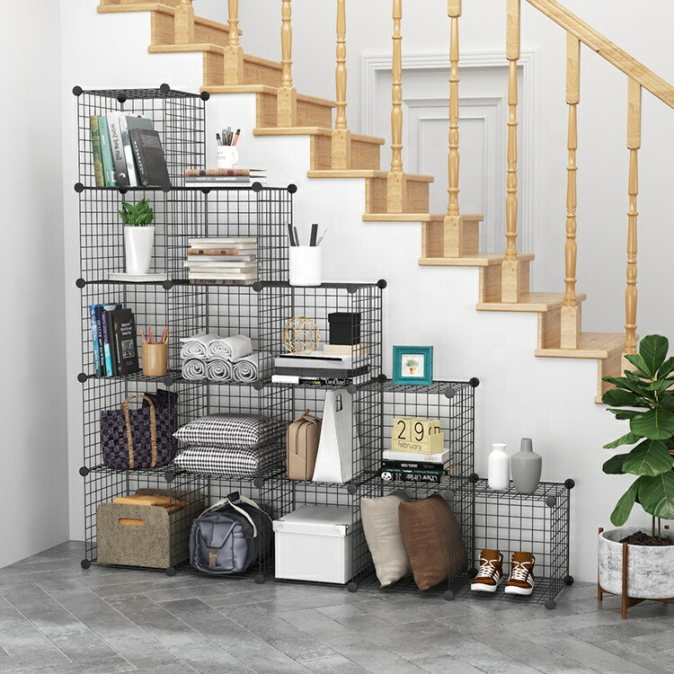 15個の黒いこと折りたたみ式鉄条メッシュ納めるまとめ役、リビングお部屋用スタッカブルワイヤーメタルキューブオーガナイザー（読みもの、花、西洋手ぬぐい用）