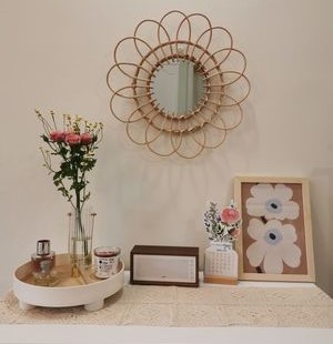 即納 訳あり 丸 返品不可 インテリア ウッド 韓国 木 卓上 鏡 壁掛け 大きめ 木製 花型 大きい サークル ミラー