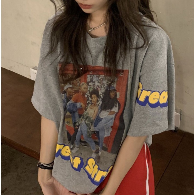 楽天市場 フォトプリント Tシャツ トップス カットソー 半袖 大きい ビッグ グレー ロゴ 写真 外国 外国人 女の子 ダンス 衣装 ヒップホップ Hiphop レディース メンズ ガールズ ストリート 個性的 韓国 かっこいい おしゃれ デザイン 写真 カラフル Kathina