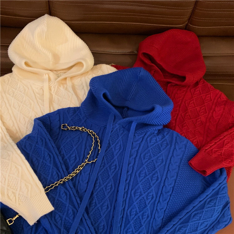 ニット パーカー フーディー セーター ケーブル 青 レッド 大きい 赤 ブルー 長袖 ホワイト 無地 ビッグ フード シンプル 白