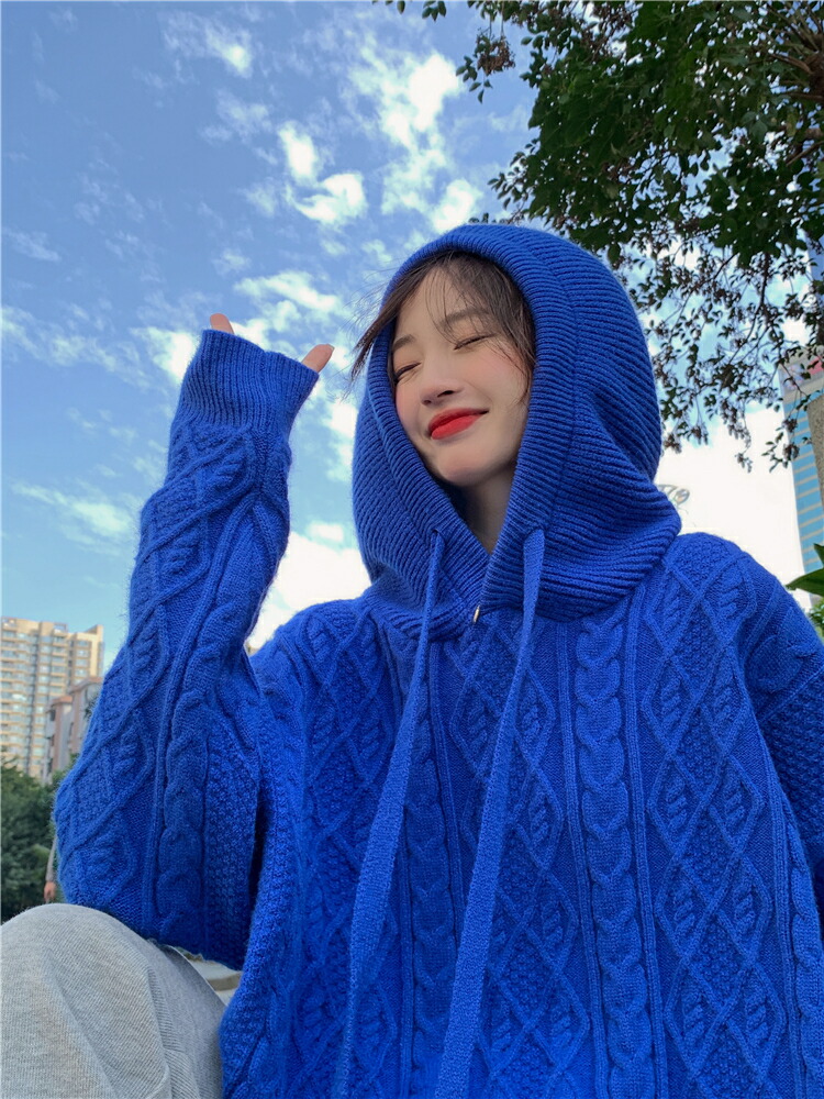 ニット パーカー フーディー セーター ケーブル 青 レッド 大きい 赤 ブルー 長袖 ホワイト 無地 ビッグ フード シンプル 白