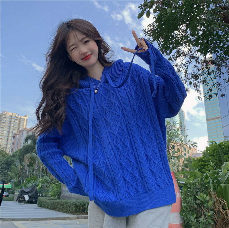 ニット パーカー フーディー セーター ケーブル 青 レッド 大きい 赤 ブルー 長袖 ホワイト 無地 ビッグ フード シンプル 白