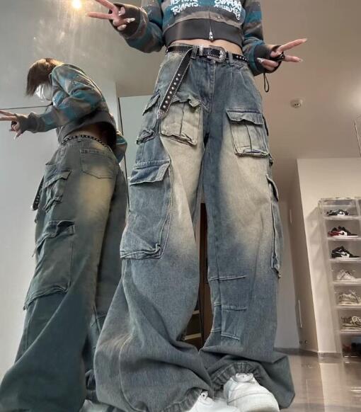 jeep レトロカーゴパンツデニムパンツ ストリートロングパンツ デニム カーゴ パンツ ジーンズ マルチポケット ダメージ 韓国