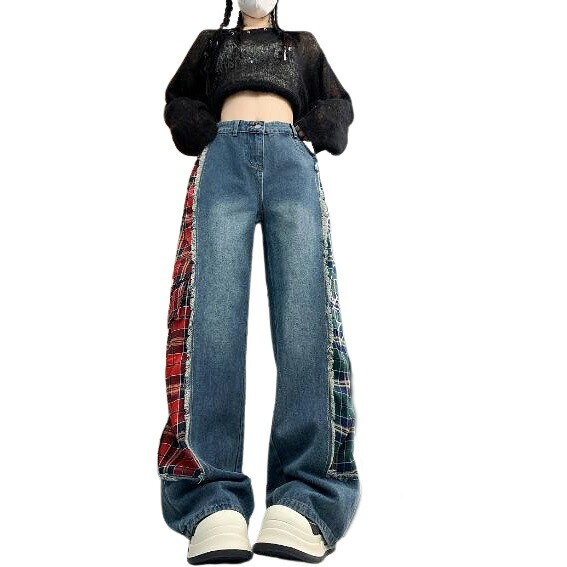 チェック柄　切替　デニム　ズボン　ボトムス　パンツ　ジーンズ　ジーパン　ストレート　ロング　グリーン　赤　シンプル　ダンス　衣装　ヒップホップ　HIPHOP　レディース　ガールズ　ストリート　奇抜　派手　韓国　ビッグ　大きいサイズ