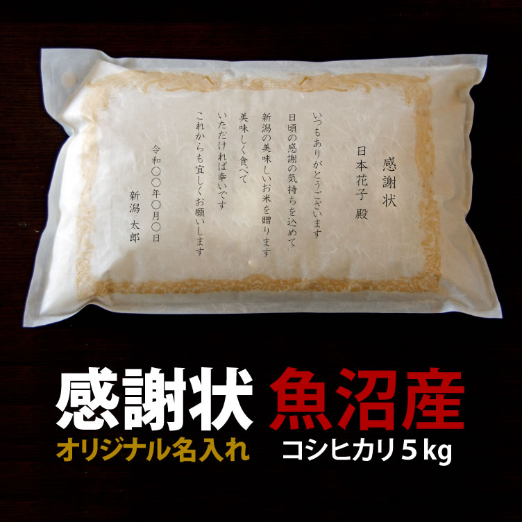 世界一重い感謝状 誕生日 ギフト 名入れ 送料無料 サプライズ 名入れ 感謝状 コシヒカリ 新潟 魚沼産 5kg （5キロ）令和6年度産  お米ギフト  窒素置換パックでお届け