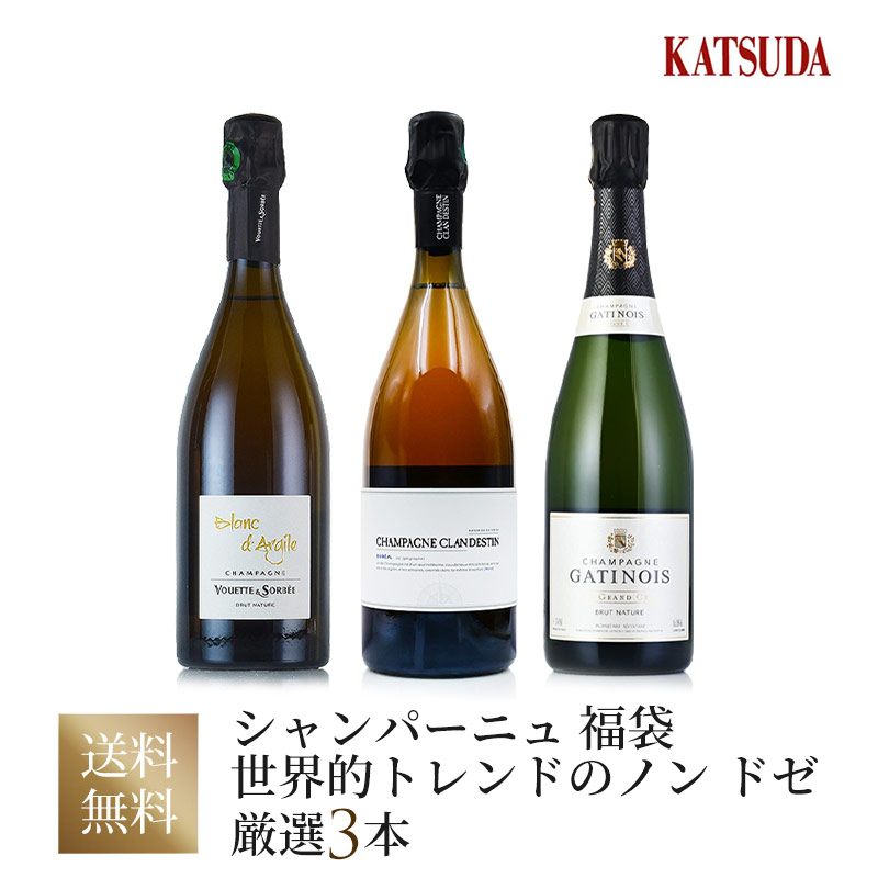 【最大5千円OFFクーポン】【第4弾】ワインセット Champagne シャンパン 世界的トレンドのノン ドザージュ 厳選3本《ヴェット エ ソルベ、クランデスタン、ガティノワ》福袋 送料無料｜KATSUDA 勝田商店 銘醸ワイン専門