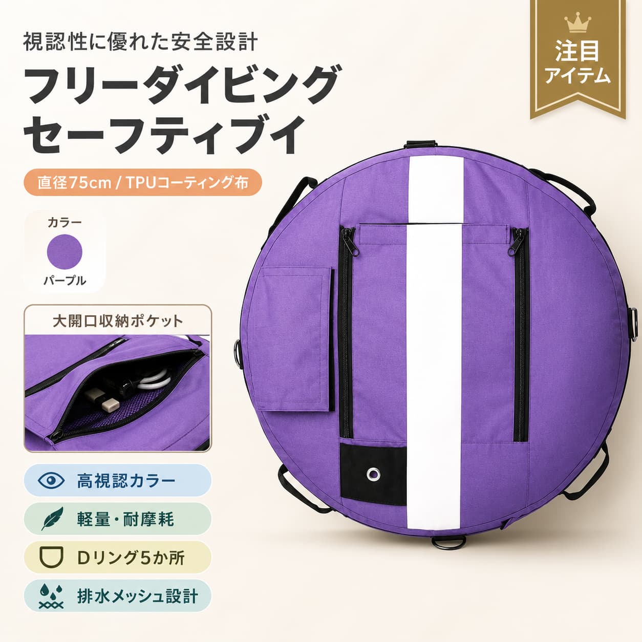 【期間限定★最大1,000円OFFクーポン配布中】フリーダイビング ブイ フロート インフレータブル サーフェスフロート オープンウォーター シグナルブイ ダイビング フラッグポールホルダー Dリング付き 直径75cm｜毎日の雑貨屋さん