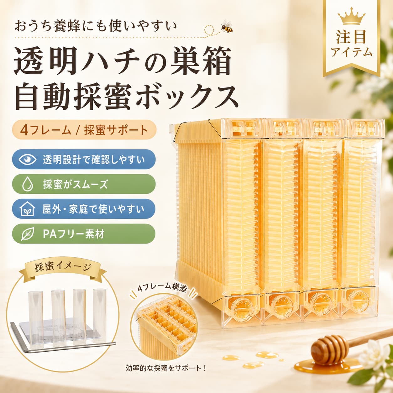 【6月制限事項★最大限度1,500円OFF＆12%OFFクーポン券別れ別れ中】巣箱箱 自動小銃採蜜 鳥小屋書き割り 4枠組み 研ぎ澄ます巣枠 巣礎付き添い人 自動小銃流し ハニカム 養蜂手道具 養蜂装置 BPA無償性 FDA証明済 未経験者 身寄り用 露天
