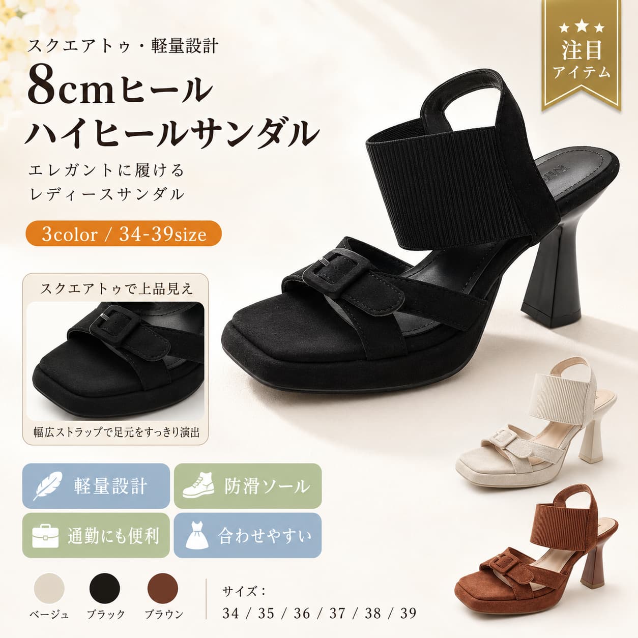 【今だけお得★最大限度600円OFFクーポン券別れ別れ中】スクエアトゥ ハイヒールサンダル レディース 8糎 太踵 オープントゥ 軽さ 防滑 通い お出かけ 夏 サンダル 黒 ベージュ 赤銅色 幅ひろいコーデに合わせ分かりやすい 今めかしい 分かりやすい 中国製