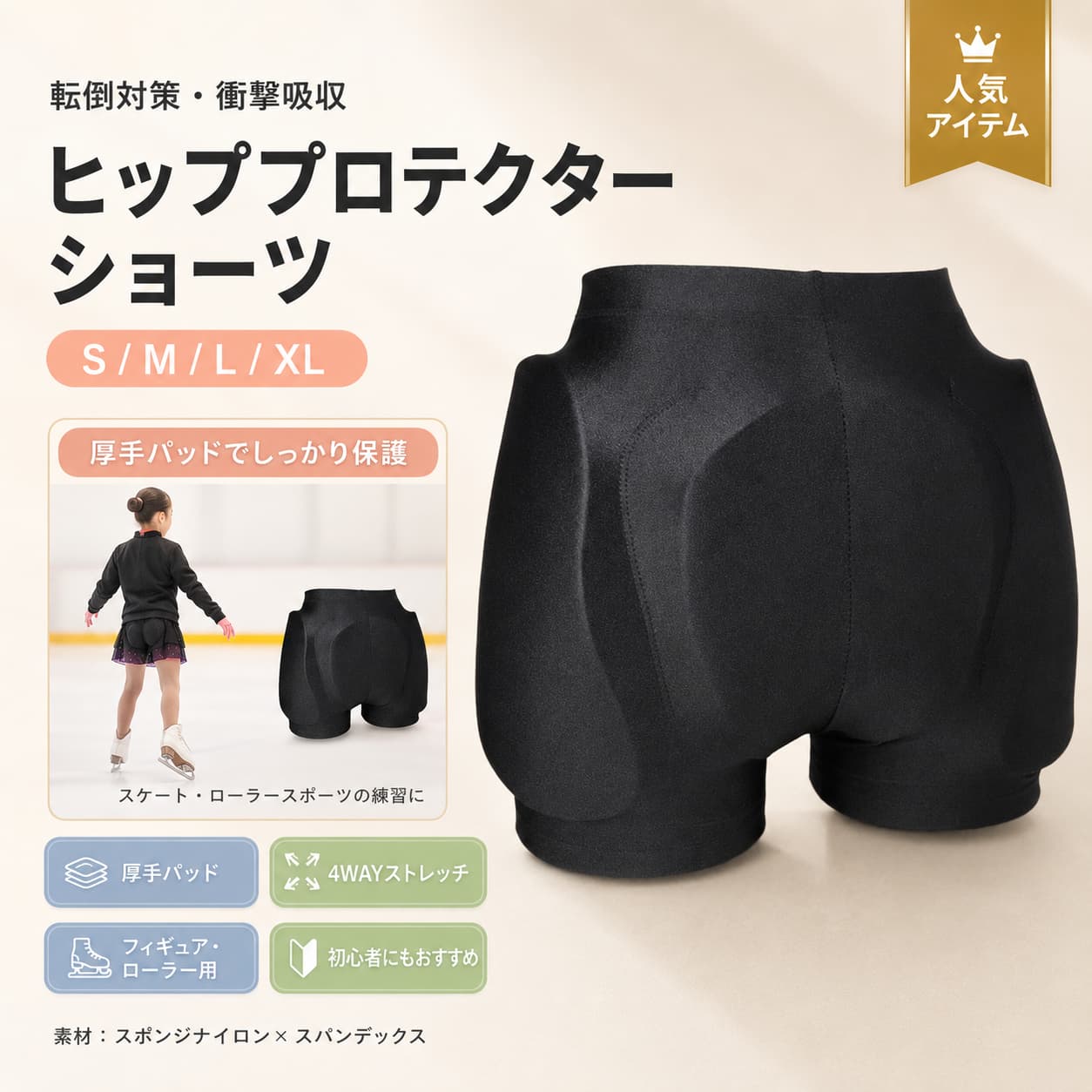 【期間限定★最大1,000円OFFクーポン配布中】ヒッププロテクター パッド入りショーツ スキー スノーボード フィギュアスケート ローラースケート 保護ショーツ スポンジパッド ヒップガード 太ももガード S M L XL トレーニング用｜毎日の雑貨屋さん