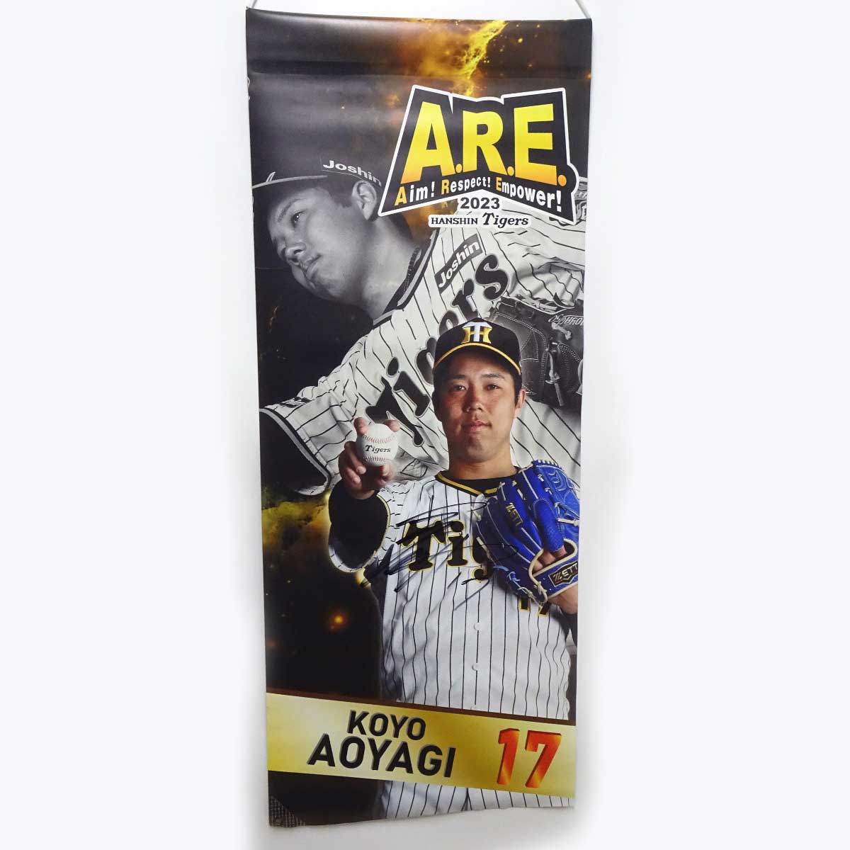 【中古】阪神タイガース 青柳晃洋 #17 甲子園駅前広場 実使用タペストリー 2023年 直筆サイン入り