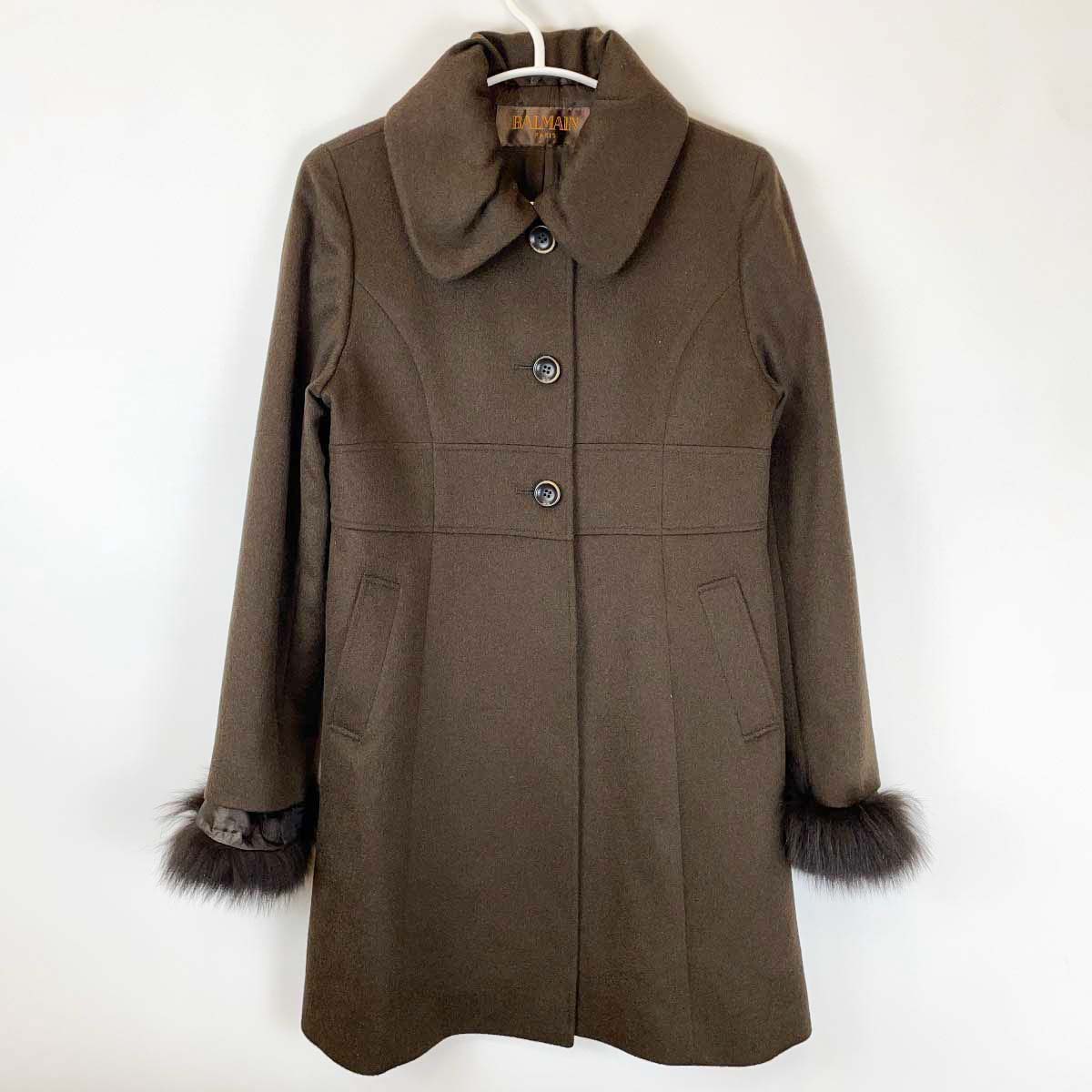 【中古】バルマン Balmain カシミヤ コート フォックスファー 9号 ブラウン レディース