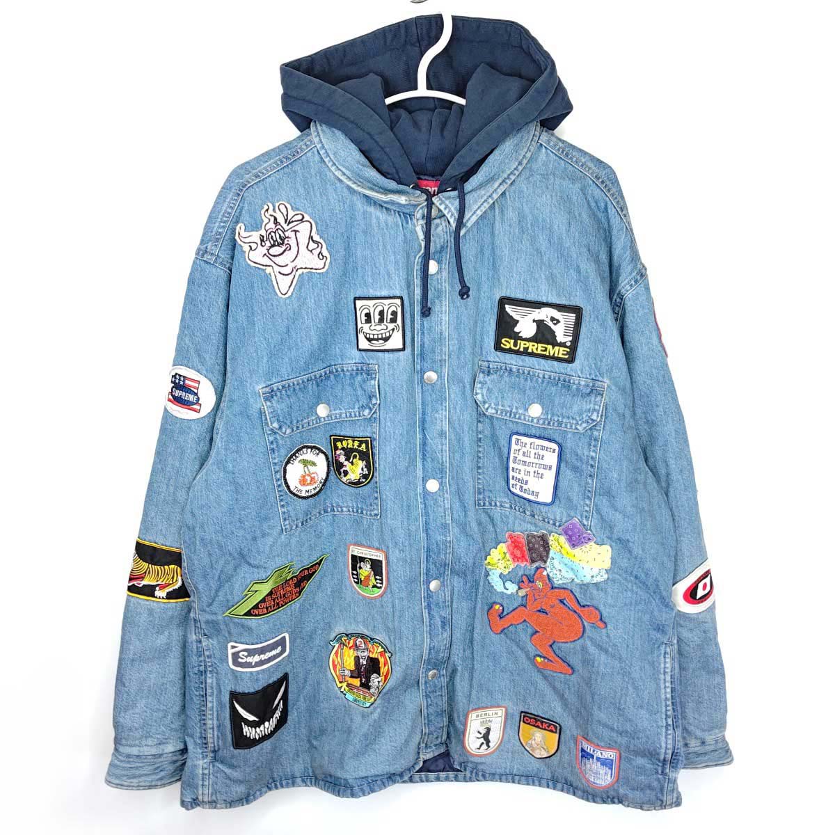【中古・未当て嵌める品】シュプリーム Patches Hooded Zip Up Shirt Denim XL メンズ Supreme