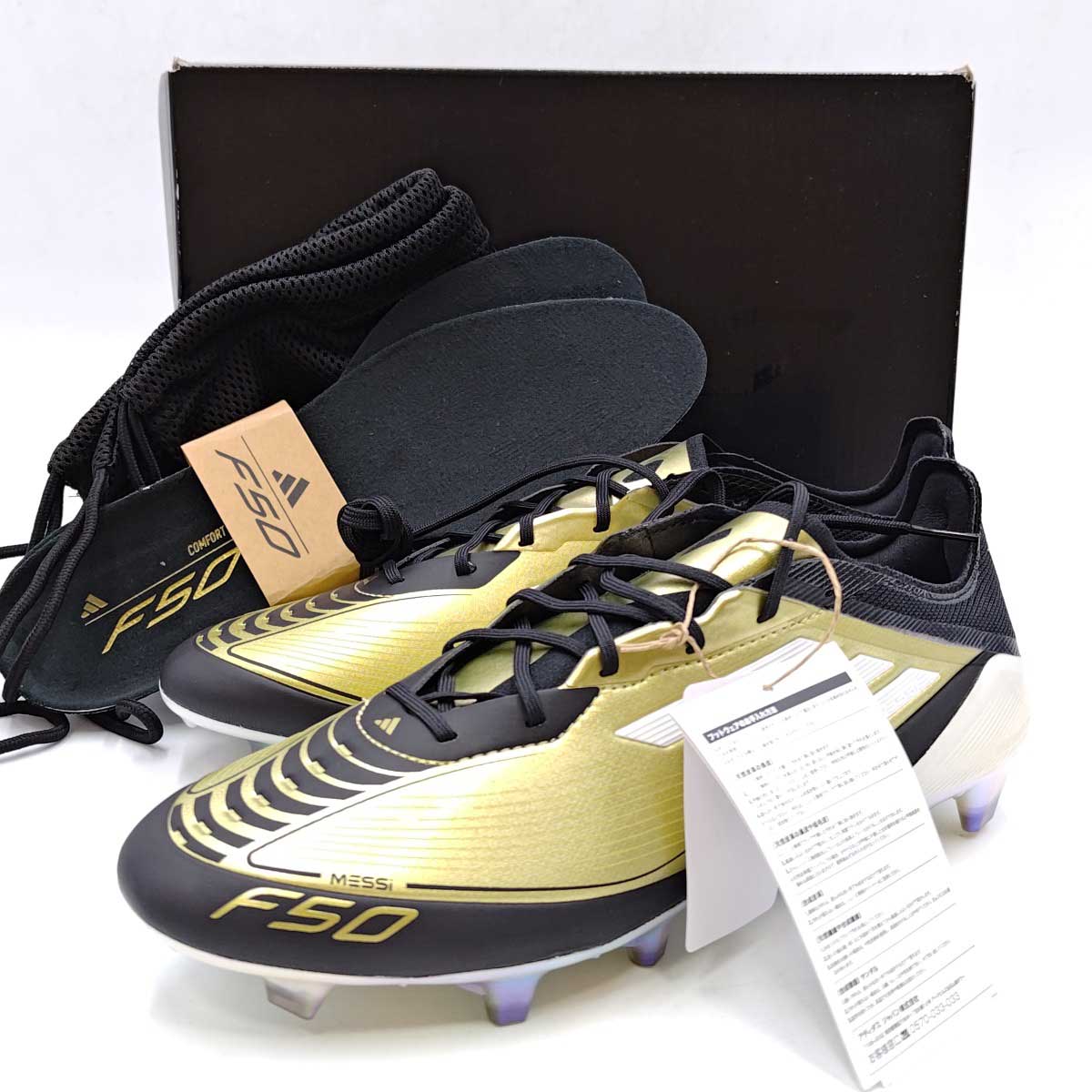 【中古・未当て嵌める品】アディダス MESSI メッシ F50 ELITE FG 26.5糎 Gold Metallic / Cloud White / Core Black IG6717 ADIDAS 生まれながら芝 蹴球スパイク
