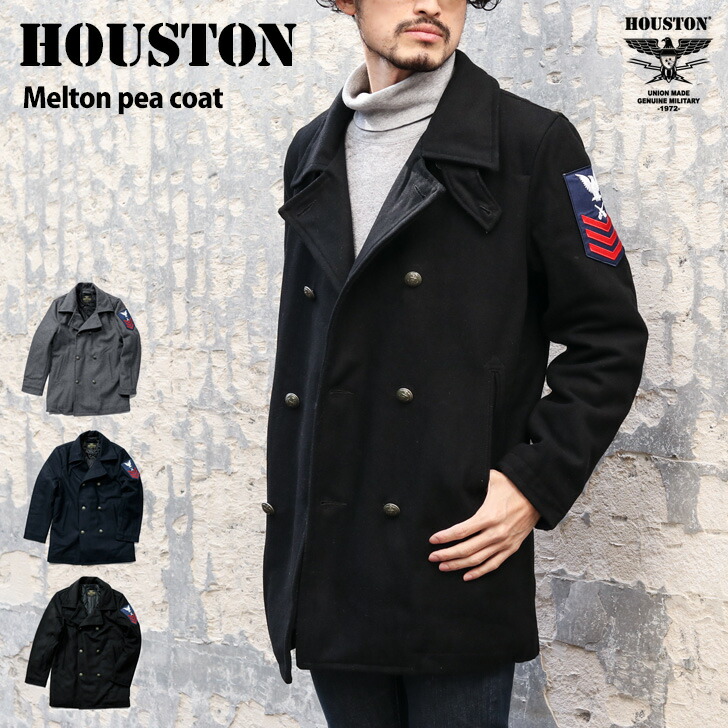 楽天市場 1000円offクーポンあり 送料無料 Houston ヒューストン Melton Pea Coat メンズ アウター ピーコート Pコート 上着 ジャケット 秋冬 ブランド メルトン 防寒 中綿 暖か ウール混 おしゃれ カジュアル ミリタリー 黒 Joknet楽天市場店