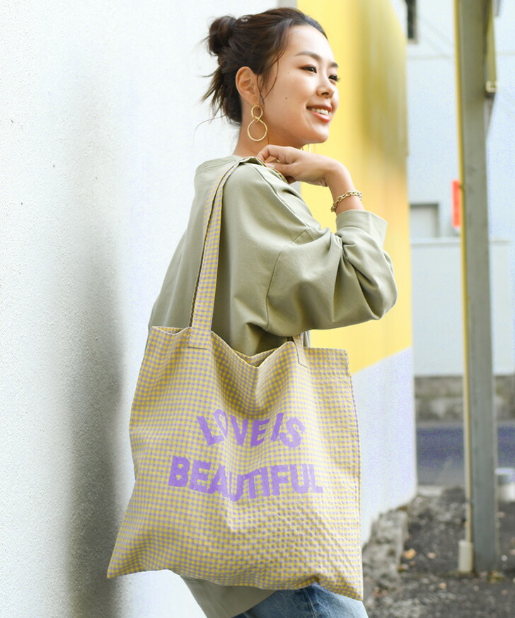 楽天市場 ギンガムチェック柄ロゴプリントトートバッグ レディース ハンドバッグ 大きめ かわいい 可愛い おしゃれ カジュアル コットン混 布 軽量 大容量 横 マチなし 通学 肩掛け エコバッグ 鞄 カバン 軽い Joknet楽天市場店