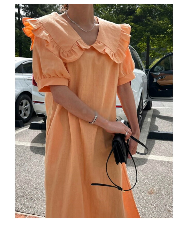 21春夏新作 カジュアル ミモレ ロングワンピース 襟付き Aライン 半袖 フレア 大きいサイズ フェミニン ワンピース リネンワンピース 大きい襟 衿 ナチュラル 麻混 流行 トレンド 送料無料 ビッグカラーロング丈リネンブレンドフリルワンピース レディース トップス