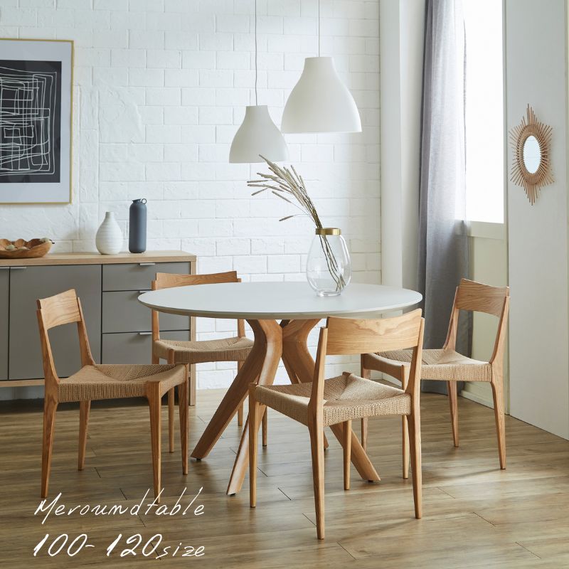 【丸テーブル】【脚Normalcolor oak】【天板6色対応】ME エムイー 幅100 幅110 幅120 ラウンドテーブル セミオーダー ダイニングテーブル 丸テーブル メラミン素材 アイカ工業 AICA グレージュカラー 石目柄 グレージュ ベージュ 脚オーク｜河口家具製作所　店