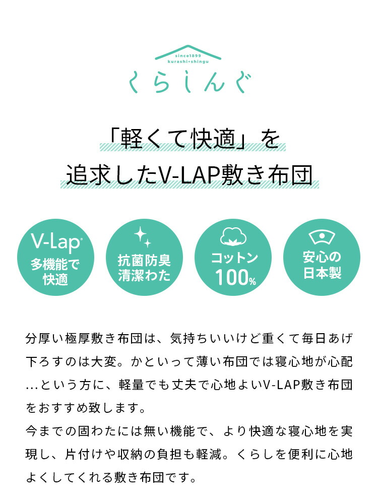 ファイナルバーゲン 楽天市場 軽量敷き布団 V Lap使用 シングルサイズ 送料無料日本製 敷布団 敷きふとん 綿100 コットン100 体圧分散 抗菌防臭 清潔わた Sek認証 固わた 固綿 来客用 一人暮らし ワンルーム 新生活 くらしんぐシリーズ Krs S003 S 河村