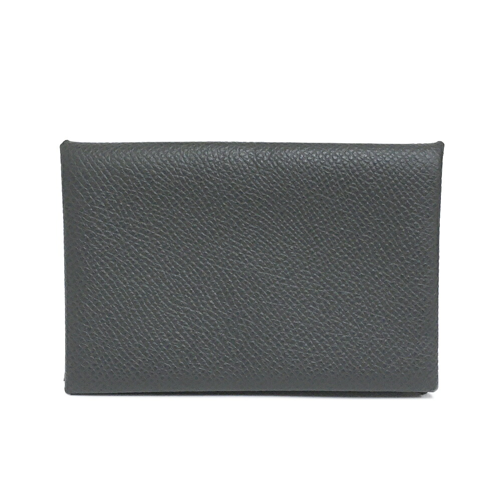 [中古] エルメス カルヴィ カードホルダー U刻印 グレー&times;シルバー金具 レザー 二つ折り カードケース 名刺入れ スナップボタン開閉 HERMES｜質かわむら店