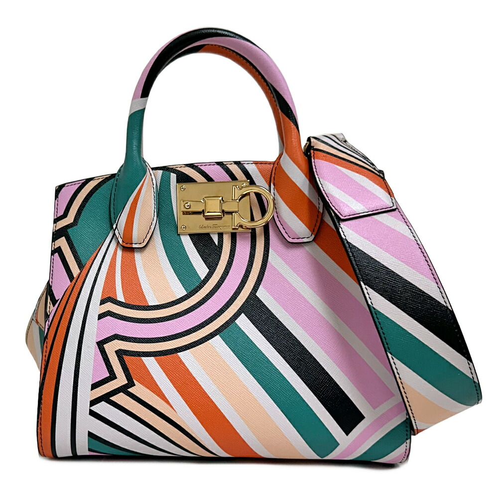 [中古] フェラガモ ガンチーニプリント ステューディオボックス ミニ ハンドバッグ 2WAY ショルダーバッグ レザー studio box Ferragamo
