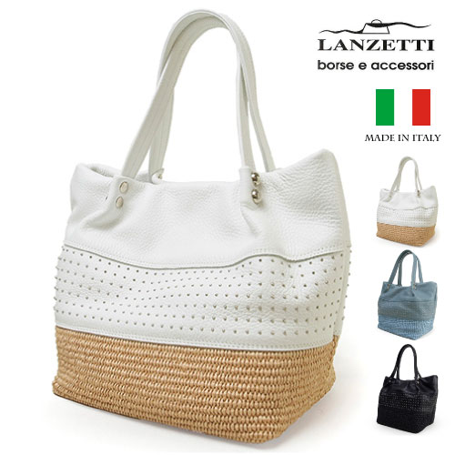 レディースバッグ イタリア製 牛革 スタッズ付きハンドバッグ LANZETTI ランゼッティ Art.3042
