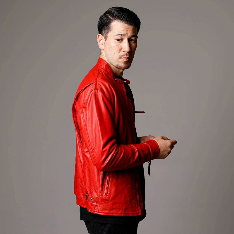 レザージャケット メンズ 本革 レッド ラムレザー Mlrj0111red シングルライダースジャケット 赤 革ジャン ラム革