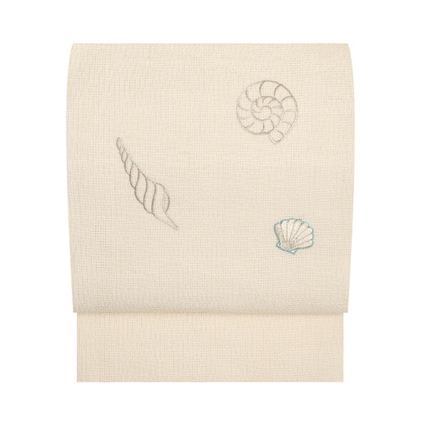 変り織に貝の模様 刺繍　夏八寸名古屋帯 【未着用品】