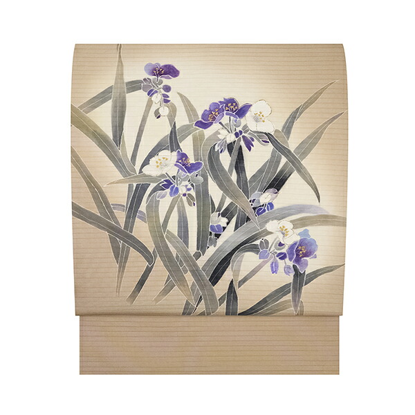 ムラサキツユクサの模様 手描友禅　絽塩瀬 夏名古屋帯 【中古】