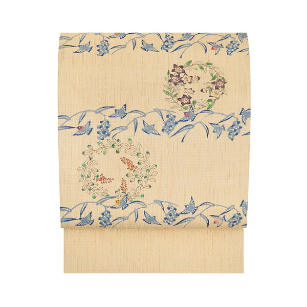 稲穂に雀と花丸紋絽麻 夏名古屋帯【未着備品】