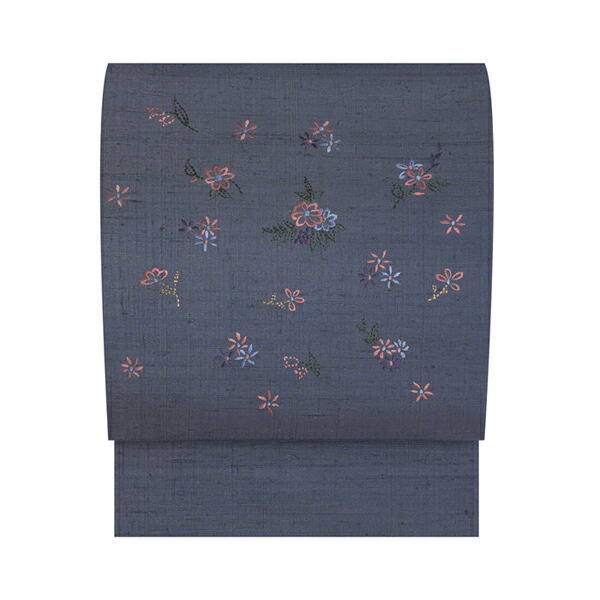 お花の模様 手刺繍　紬名古屋帯 【中古】