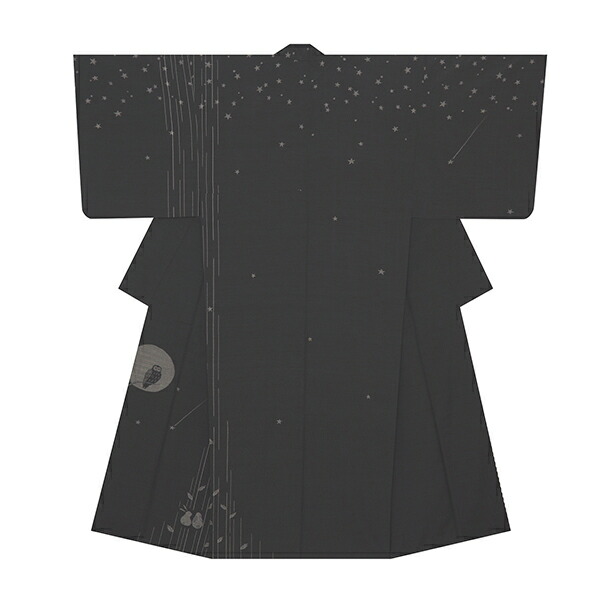 日本芸術会正会員 樋口隆司星と月と梟とうさぎの飾りつけ越後絹ちぢみ 短い訪問着 袷御召しもの【中古】
