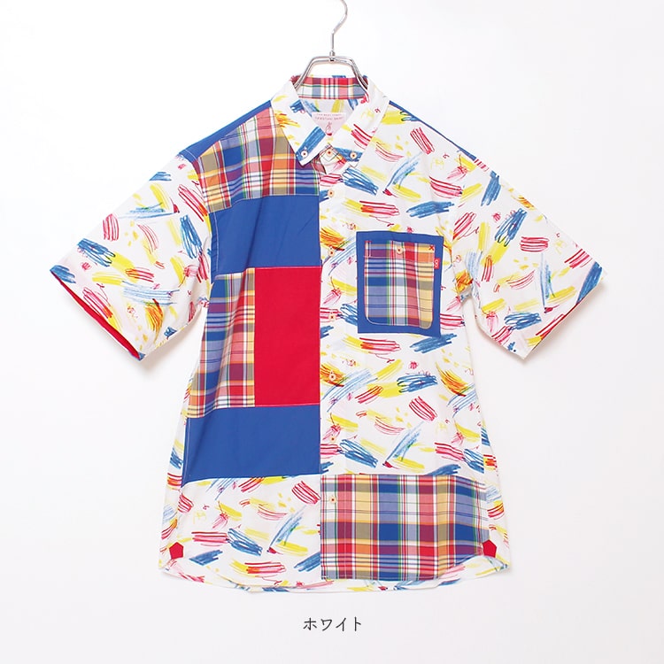 高級ブランド Paint Hand 河谷シャツ ハンドペイント おしゃれ ドレスシャツ ワイシャツ カジュアルシャツ 柄シャツ チェック カラフル 男女兼用 レディース メンズ 半袖 シャツ Xxl Xl L M S Xs 全6サイズ ホワイト K 2 半袖シャツ カジュアル