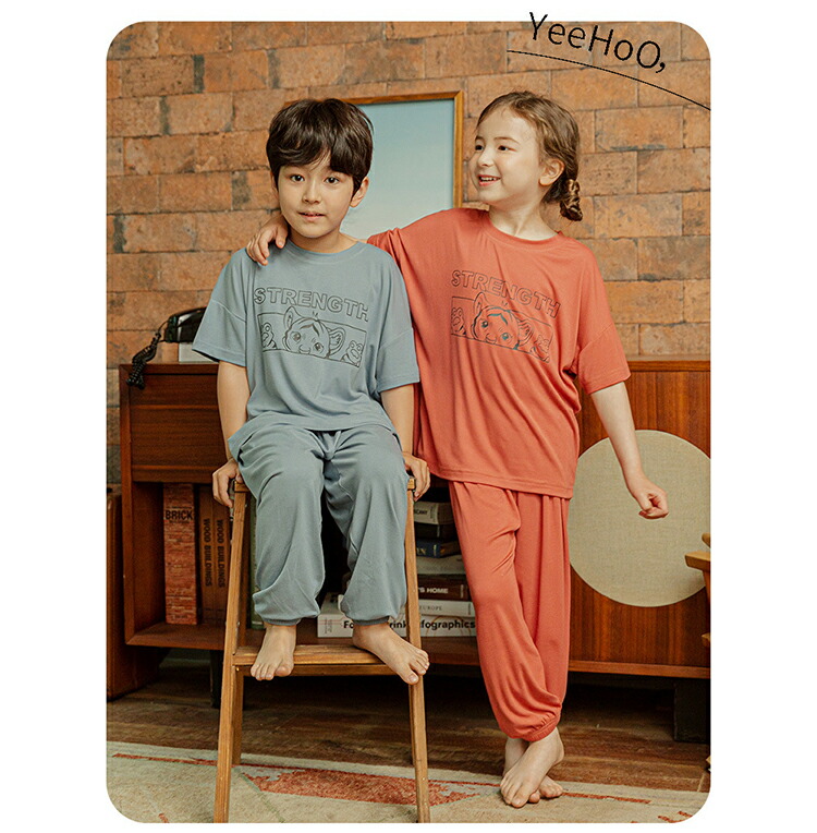パジャマ キッズ 100 1 150 175 Tシャツ おしゃれ お洒落 ギフト シンプル ストレッチ ズボン ピンク モダール ルームウェア 上下セット 北欧 半袖 可愛い 夏 夏用 女 女の子 子供 小学生 快適 春 柔らか 涼しい 無地 男