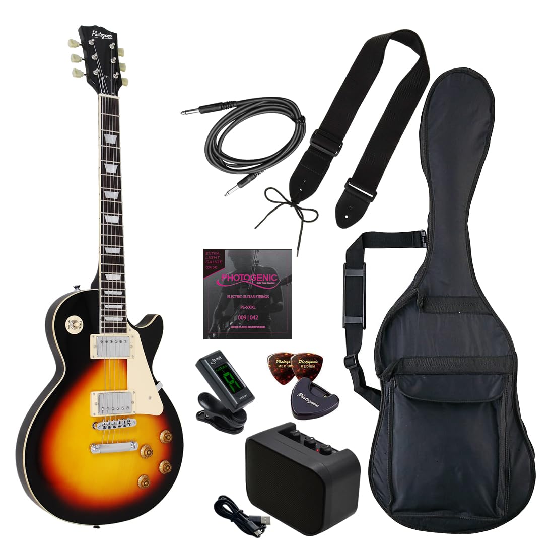 PhotoGenic エレキギター 初心者入門ライトセット LPタイプ LP-260/BS ブラウンサンバースト ソフトケース/シールド/ミニアンプ/チューナー/ストラップ/ピック/ピックケース/弦/調整用レンチ付属