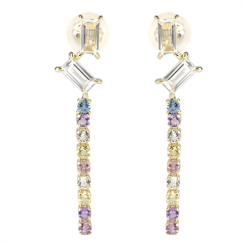 【最短発送】 10金 ゴールド ピアス ロングピアス 揺れる ゆれる ホワイトトパーズバケット マルチカラー 10k 天然石 宝石 ブルートパーズ アメジスト シトリン ピンクトルマリン シトリン イエローゴールドk10 シンプル 人気|かざり屋