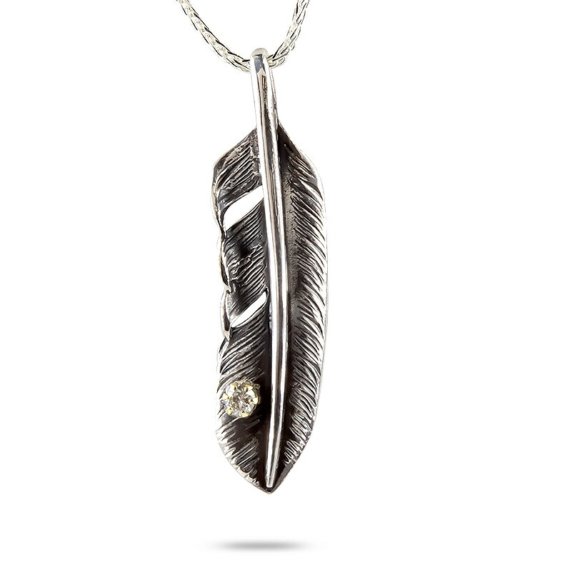 フェザー 羽 シルバー18金 ペンダント ネックレス ペンダントトップ 18k ダイヤモンド いぶし仕上げ 燻し スパイクチェーン sv925 イエローゴールドk18 人気 プレゼント 男女兼用 ユニセックス 男女問わず