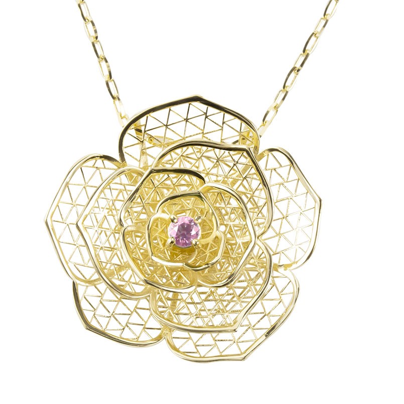楽天市場 18金 ネックレス バラ ピンクサファイア 宝石 薔薇 透かし イエローゴールドk18 グリームカットチェーン 18k ペンダント 大ぶりモチーフ 花 女性 レディース 楽ギフ 包装 コンビニ受取対応商品 送料無料 かざり屋