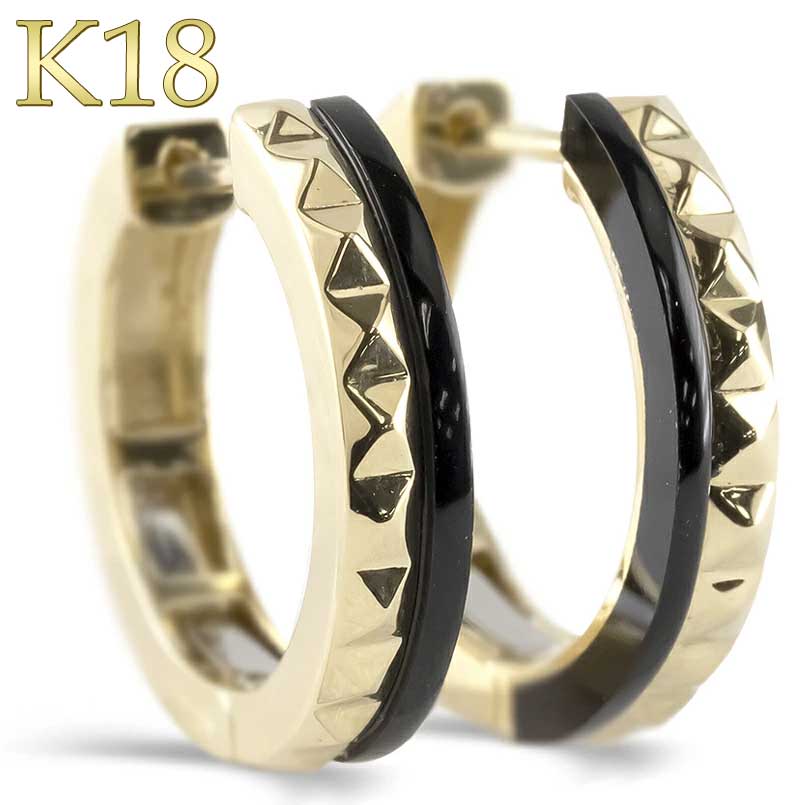 【20％OFFクーポンあり】【最短発送】フープピアス リングピアス 18金 ブラックオニキス ペア 大ぶり レディース メンズ 黒 中折れ式 リバーシブル ピアス ゴールド 18k イエローゴールドK18 リング 女性 男性 横顔美人 横顔イケメン 大人ジュエリー 普段使い