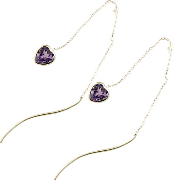 18金 ピアス ピアス ロングピアス アメリカンピアス スパイラル イエローゴールドk18 ハート アメジスト 2月誕生石 シンプル ストッピ 18k レディース